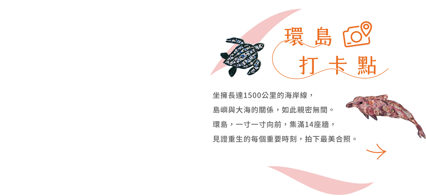 環島打卡點：坐擁長達1500公里的海岸線，島嶼與大海的關係，如此親密無間。環島，一寸一寸向前，集滿14座牆，見證重生的每個重要時刻，拍下最美合照。